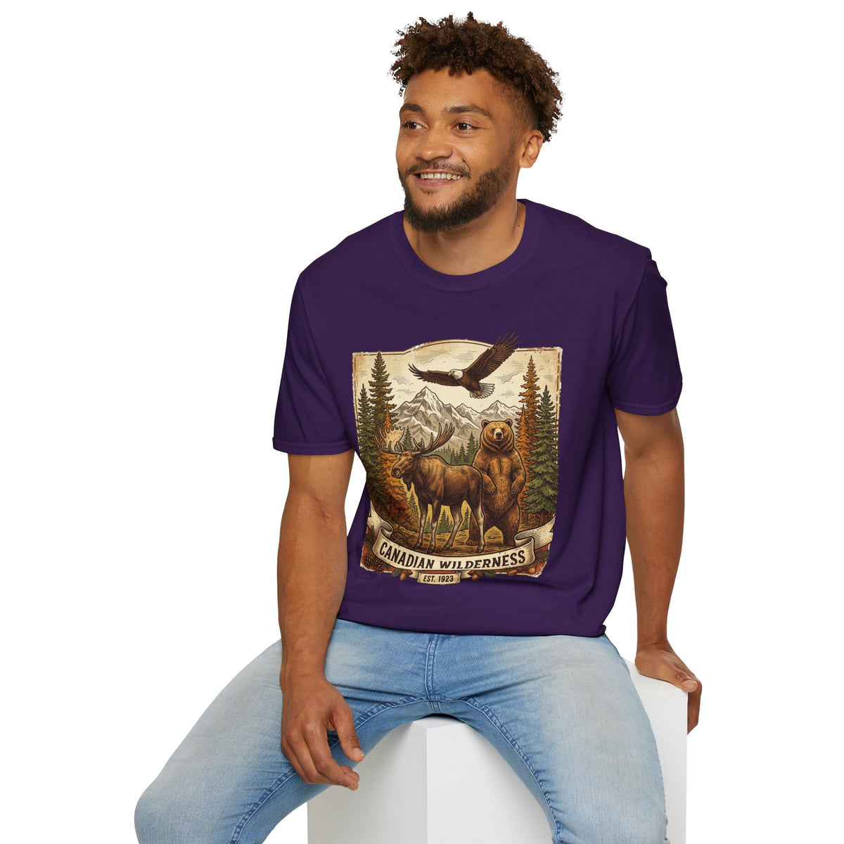 Mens T-Shirt — Canadian Wilderness Vintage Nature Graphic (Bear, Moose & Eagle)