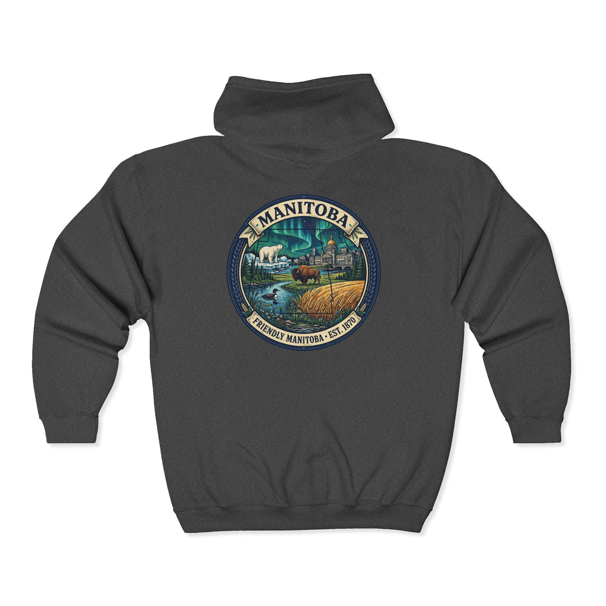 Manitoba Nature Badge Hoodie — Northern Lights, Moose and Prairie