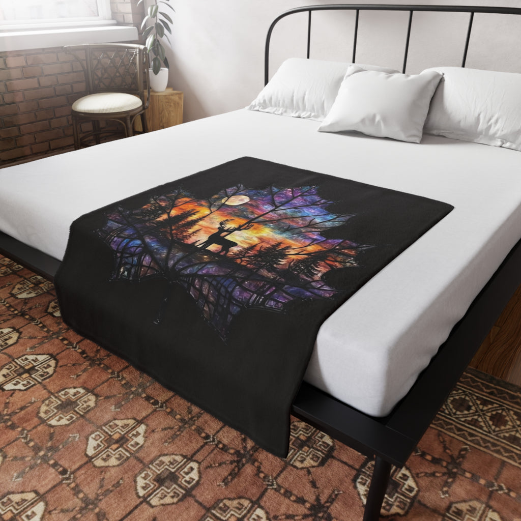 Deer Silhouette Maple Leaf Fleece Blanket — Colorful Sunset Night Forest Throw