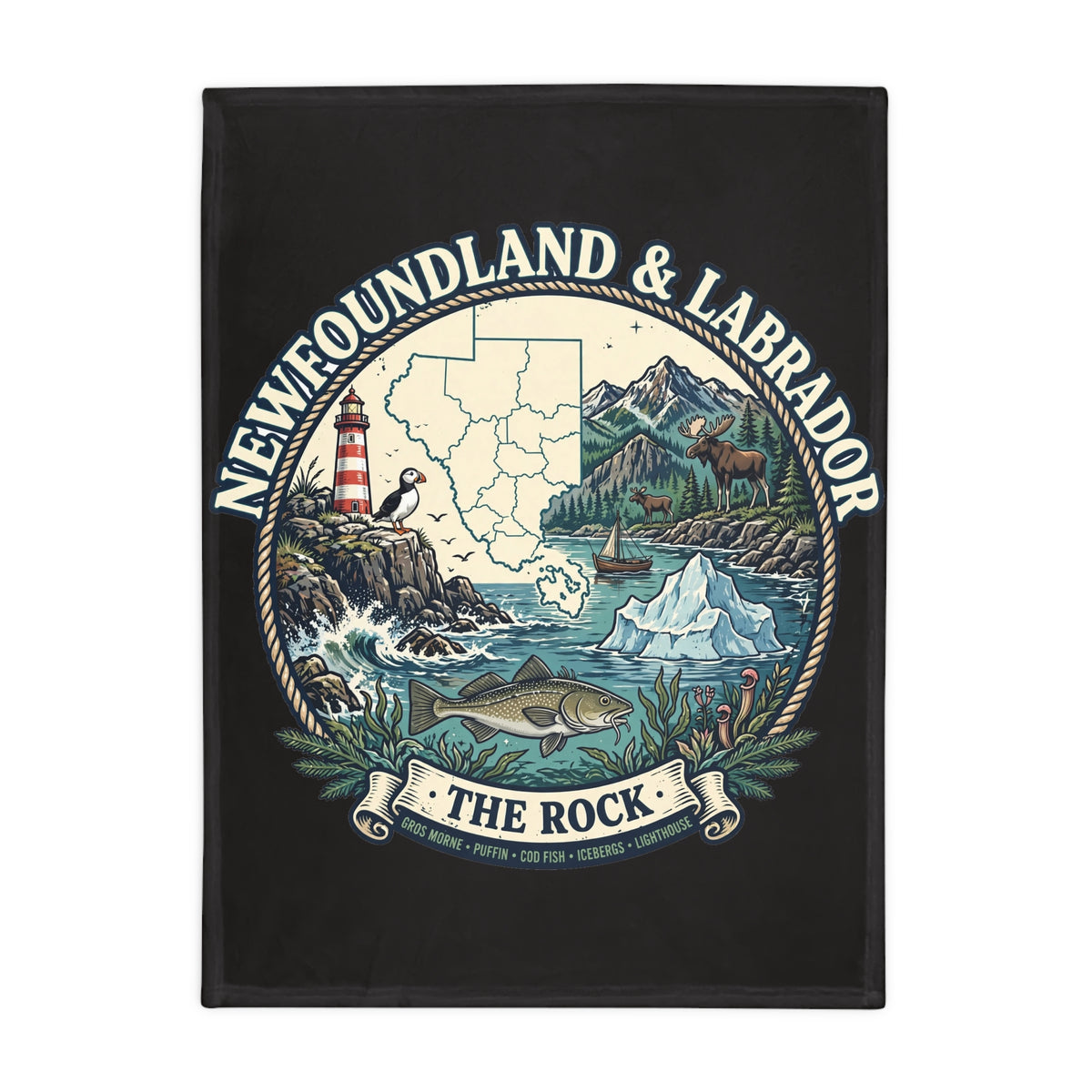Newfoundland and Labrador 'The Rock' Plush Fleece Blanket – Coastal Map, Lighthouse and Iceberg Design