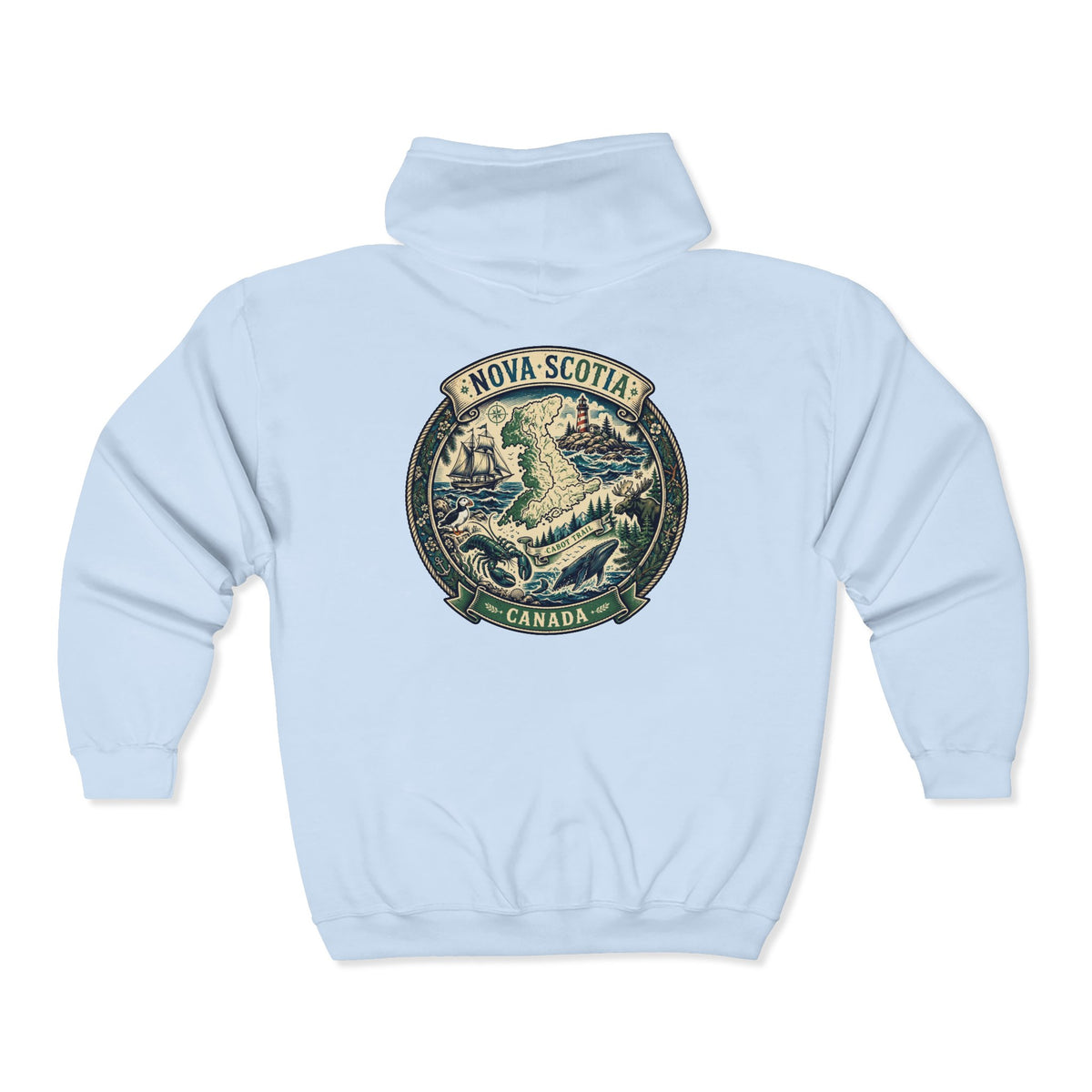 Nova Scotia Canada Vintage Map Hoodie — Coastal Lighthouse and Whale Graphic Hoodie