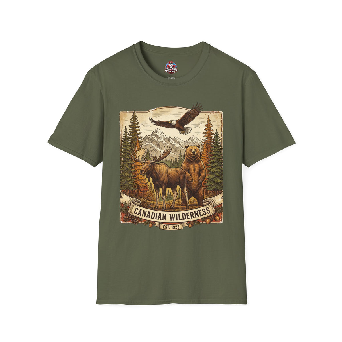 Mens T-Shirt — Canadian Wilderness Vintage Nature Graphic (Bear, Moose & Eagle)