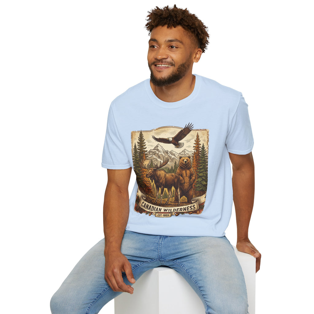 Mens T-Shirt — Canadian Wilderness Vintage Nature Graphic (Bear, Moose & Eagle)