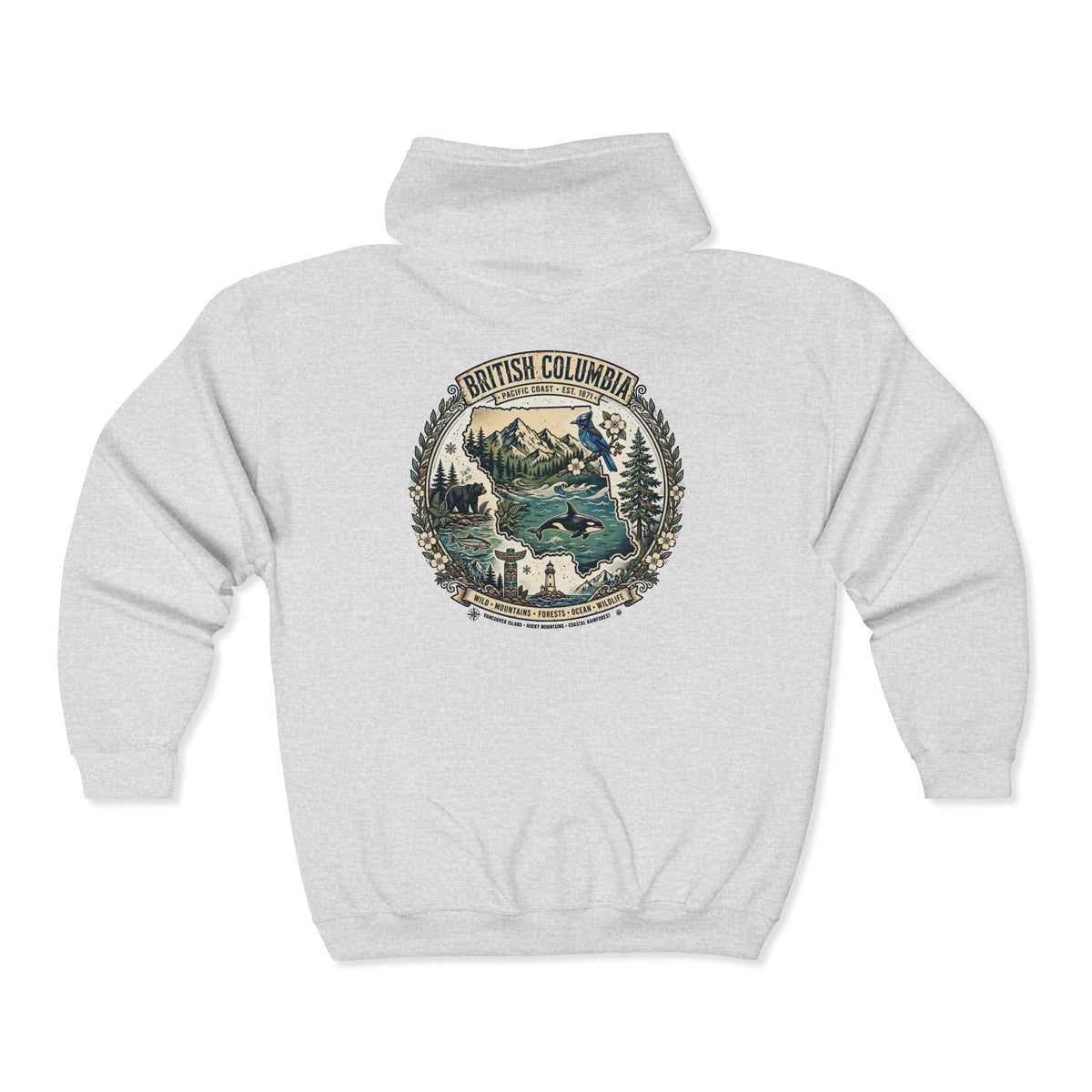 British Columbia Nature Hoodie — Scenic Mountains and Orca