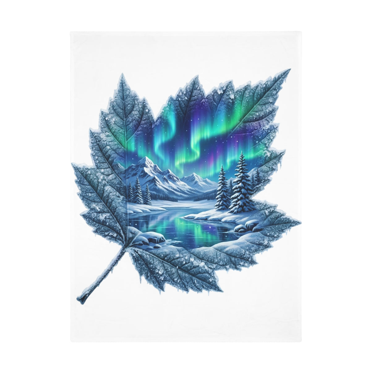 Aurora Maple Leaf Plush Fleece Blanket — Northern Lights Winter Landscape
