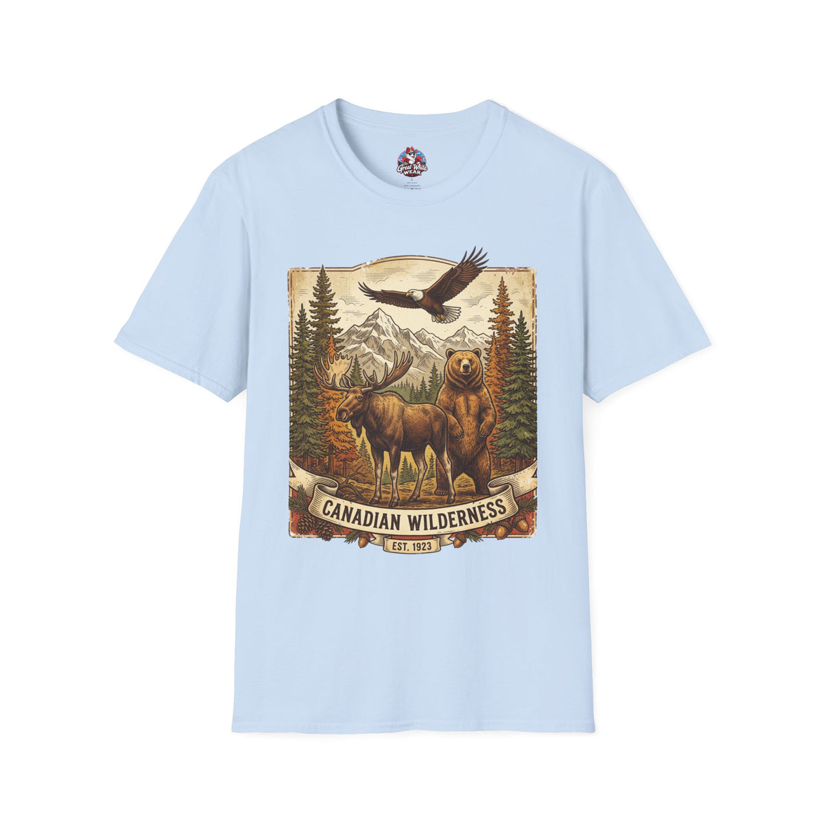 Mens T-Shirt — Canadian Wilderness Vintage Nature Graphic (Bear, Moose & Eagle)