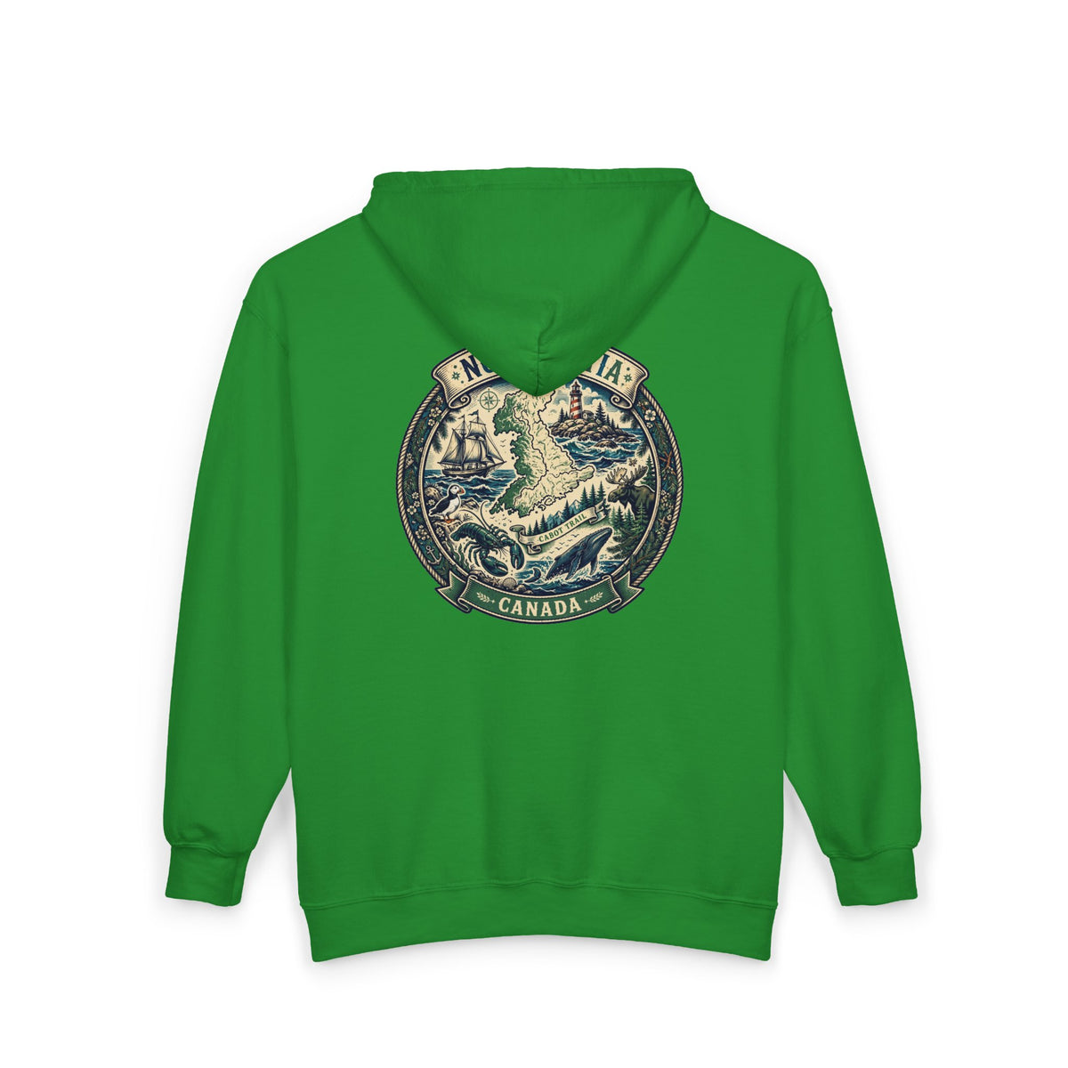 Nova Scotia Canada Vintage Map Hoodie — Coastal Lighthouse and Whale Graphic Hoodie