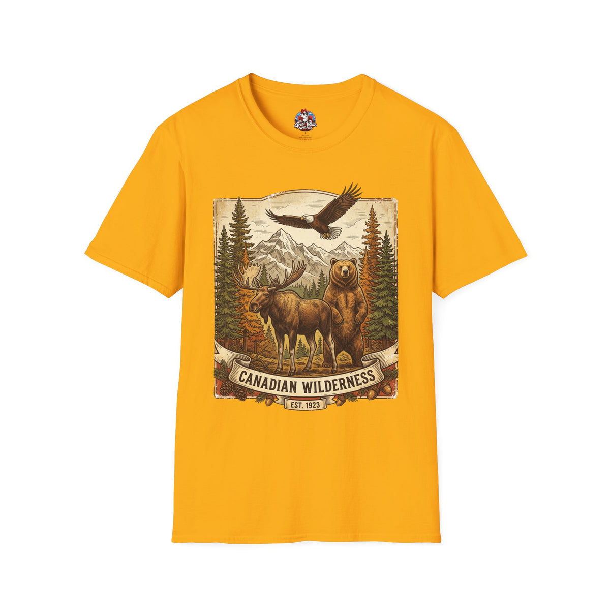 Mens T-Shirt — Canadian Wilderness Vintage Nature Graphic (Bear, Moose & Eagle)