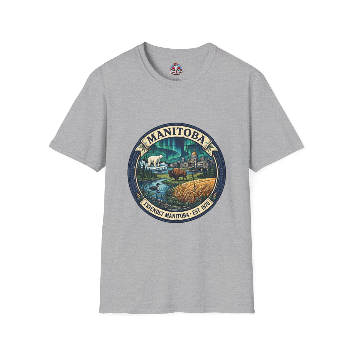 Manitoba Nature Badge T-Shirt — Northern Lights, Moose and Prairie Scenic Tee
