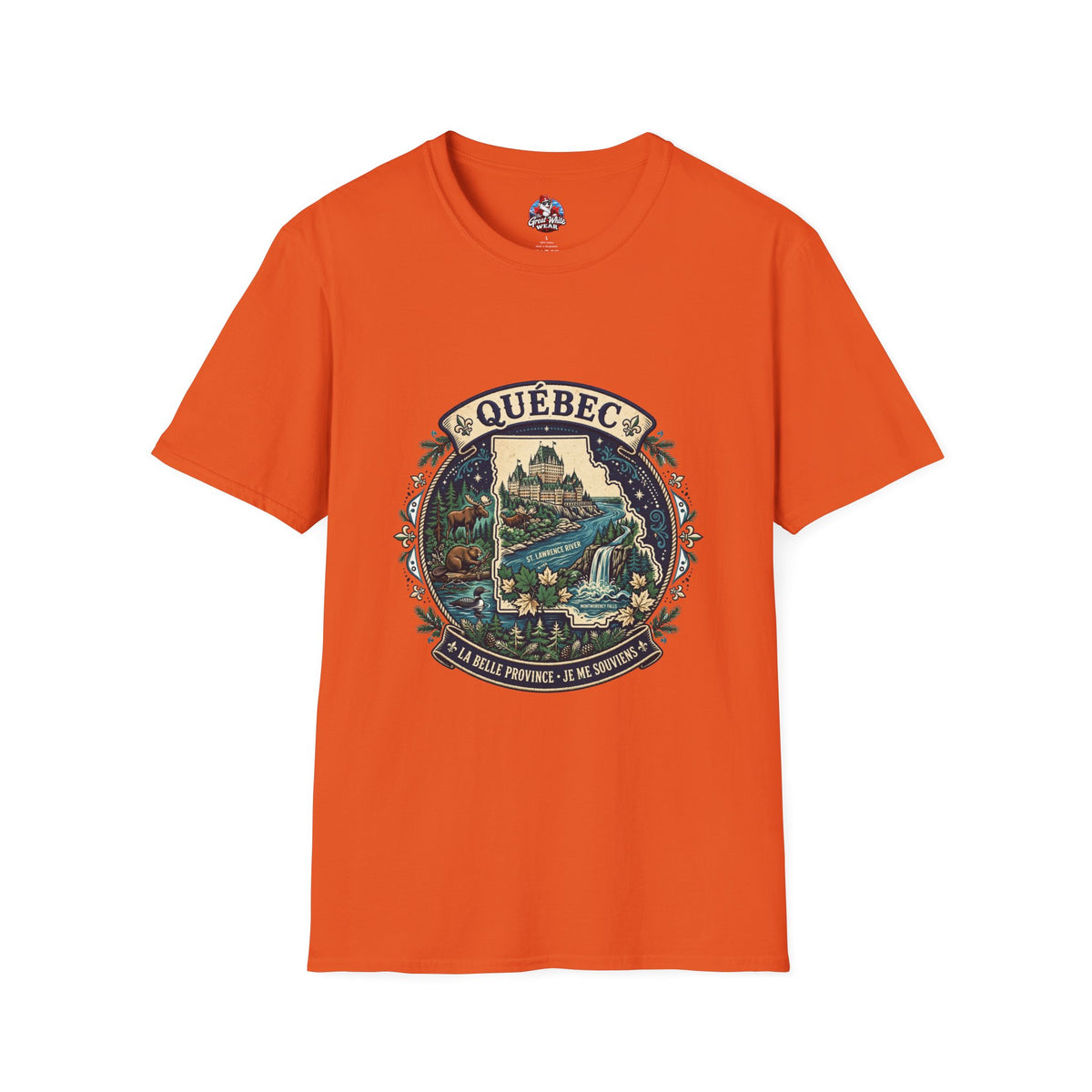 Québec Vintage Travel T-Shirt — Scenic Chateau and Waterfall Souvenir Tee