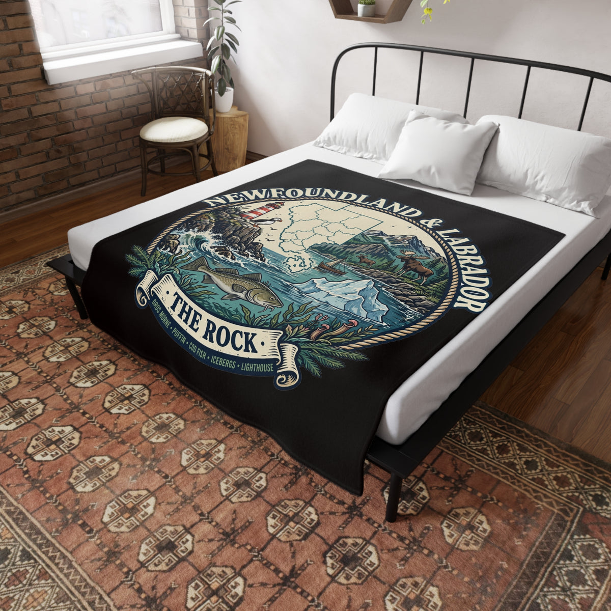 Newfoundland and Labrador 'The Rock' Plush Fleece Blanket – Coastal Map, Lighthouse and Iceberg Design