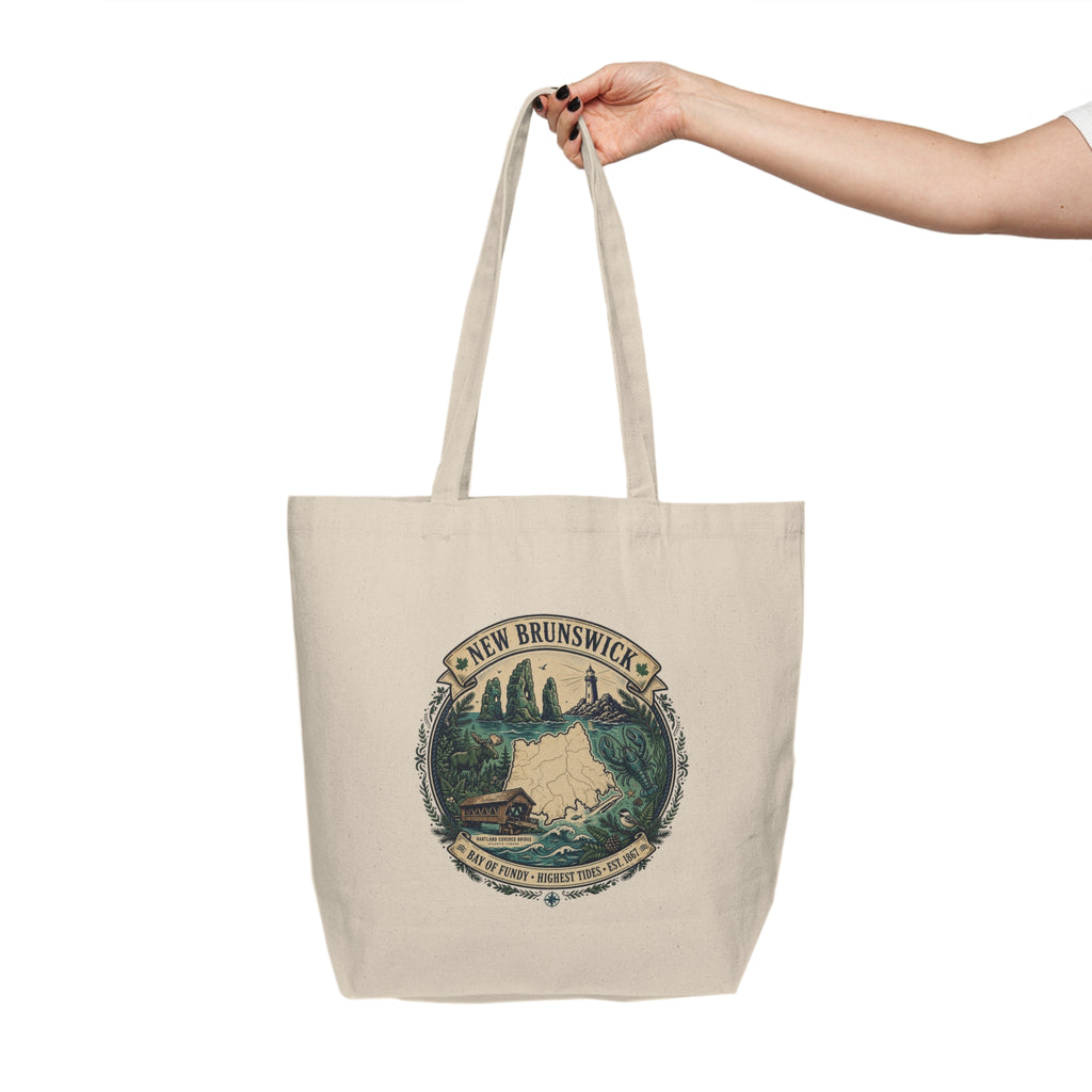 New Brunswick Scenic Canvas Tote — Mountain Lake Cabin Illustration