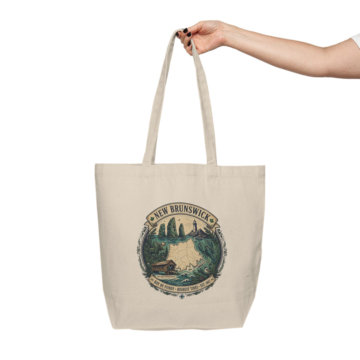 New Brunswick Scenic Canvas Tote — Mountain Lake Cabin Illustration