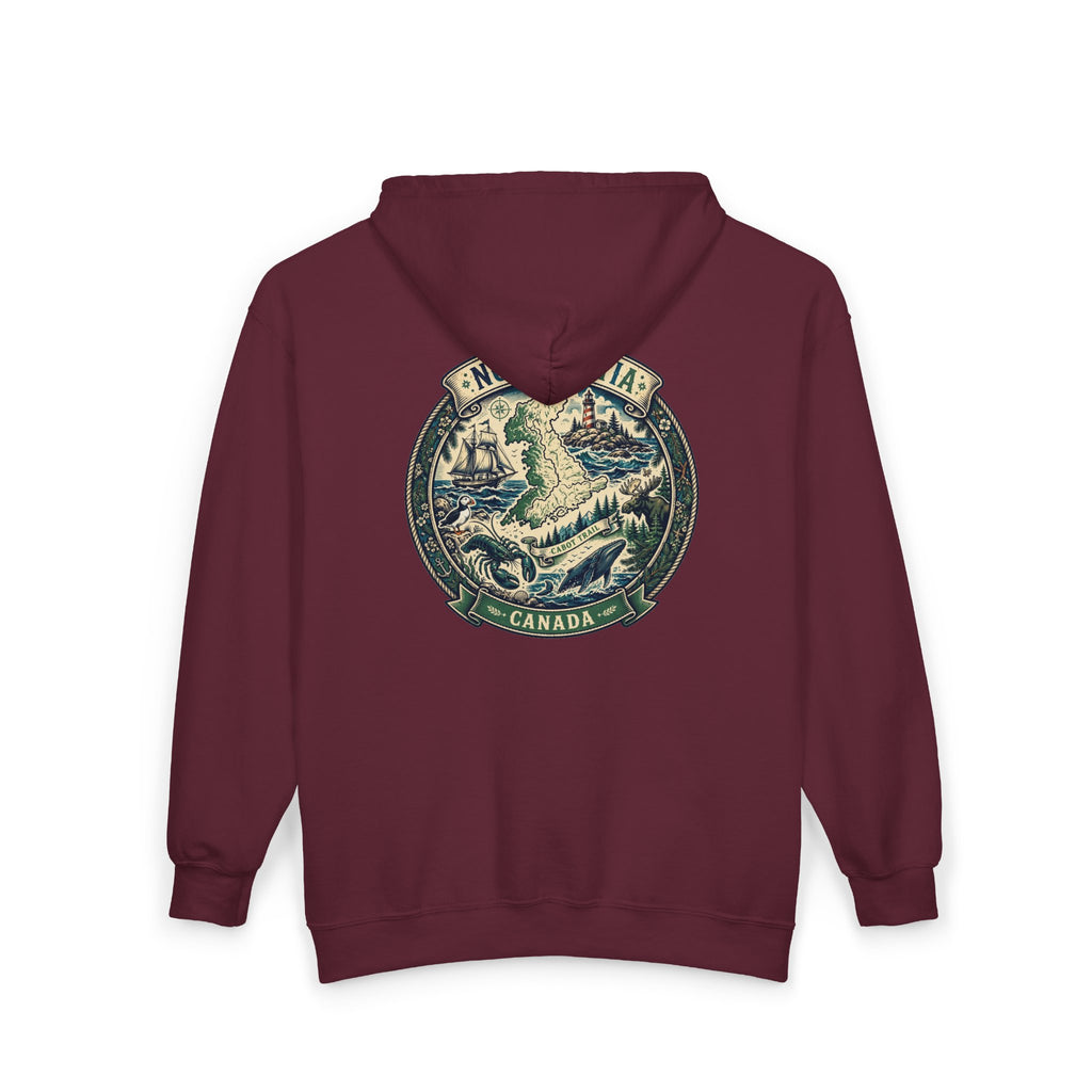 Nova Scotia Canada Vintage Map Hoodie — Coastal Lighthouse and Whale Graphic Hoodie