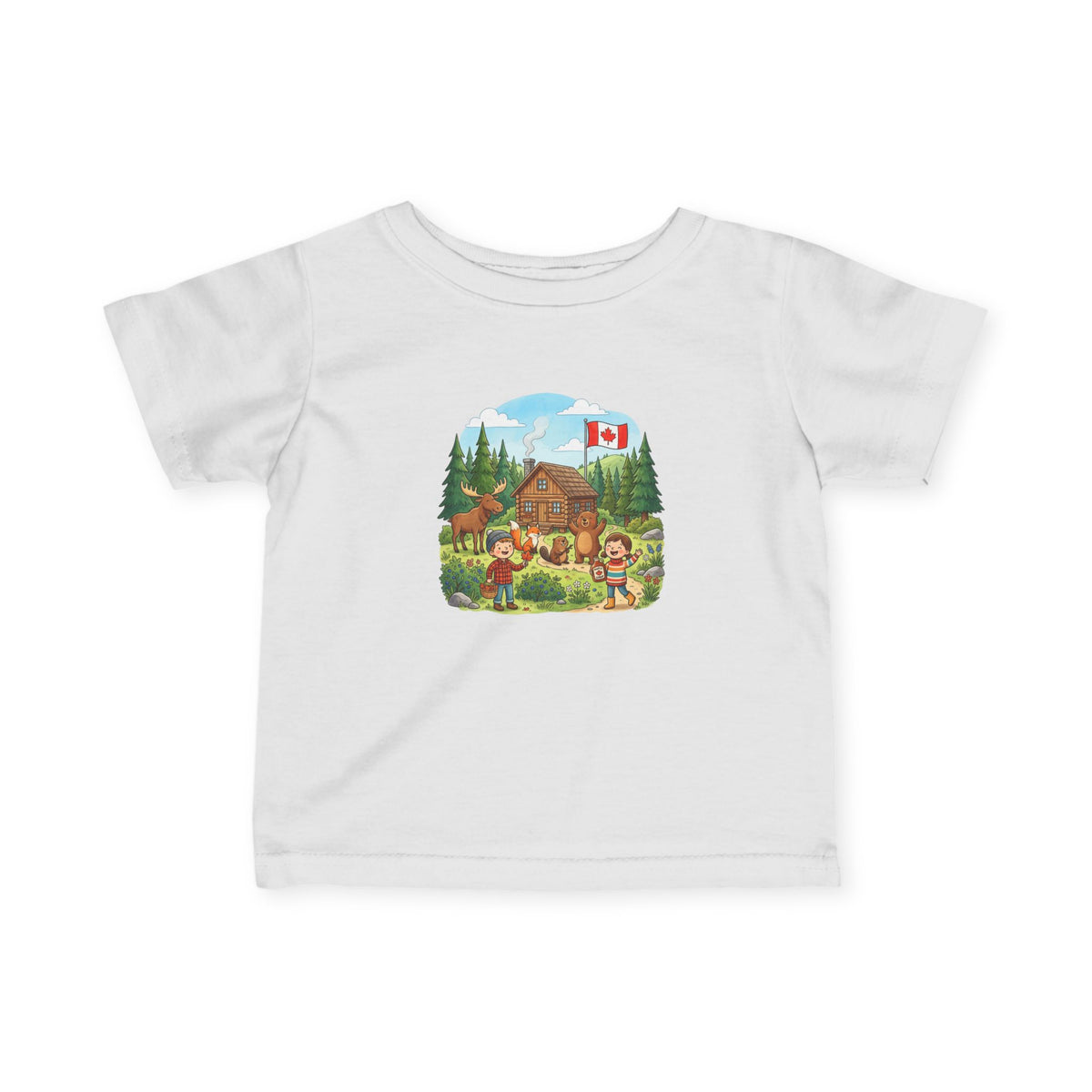 Infant Tee — Cozy Canadian Cabin Scene with Maple Flag
