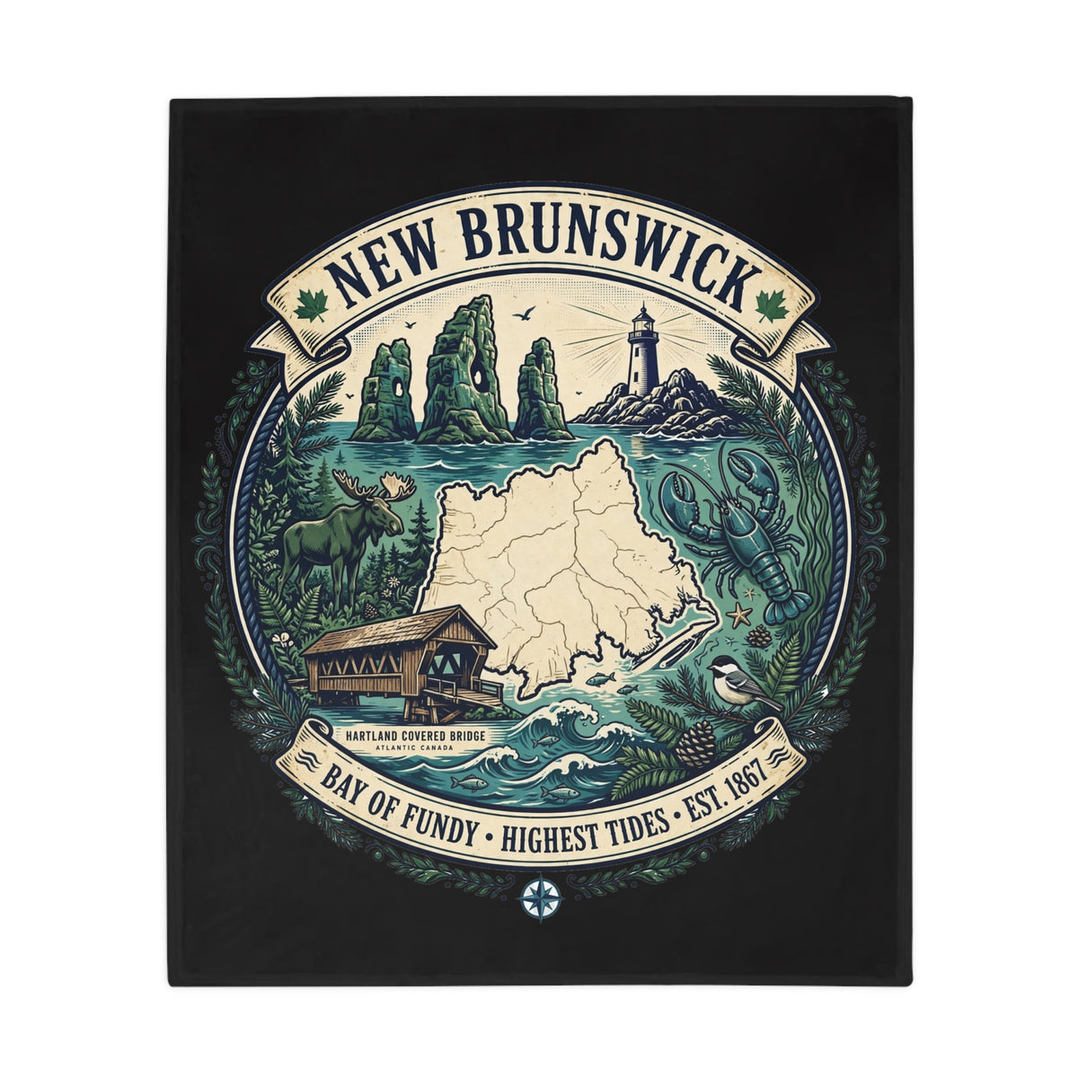 New Brunswick Map Plush Fleece Blanket — Bay of Fundy Lighthouse and Tidal Coast Throw