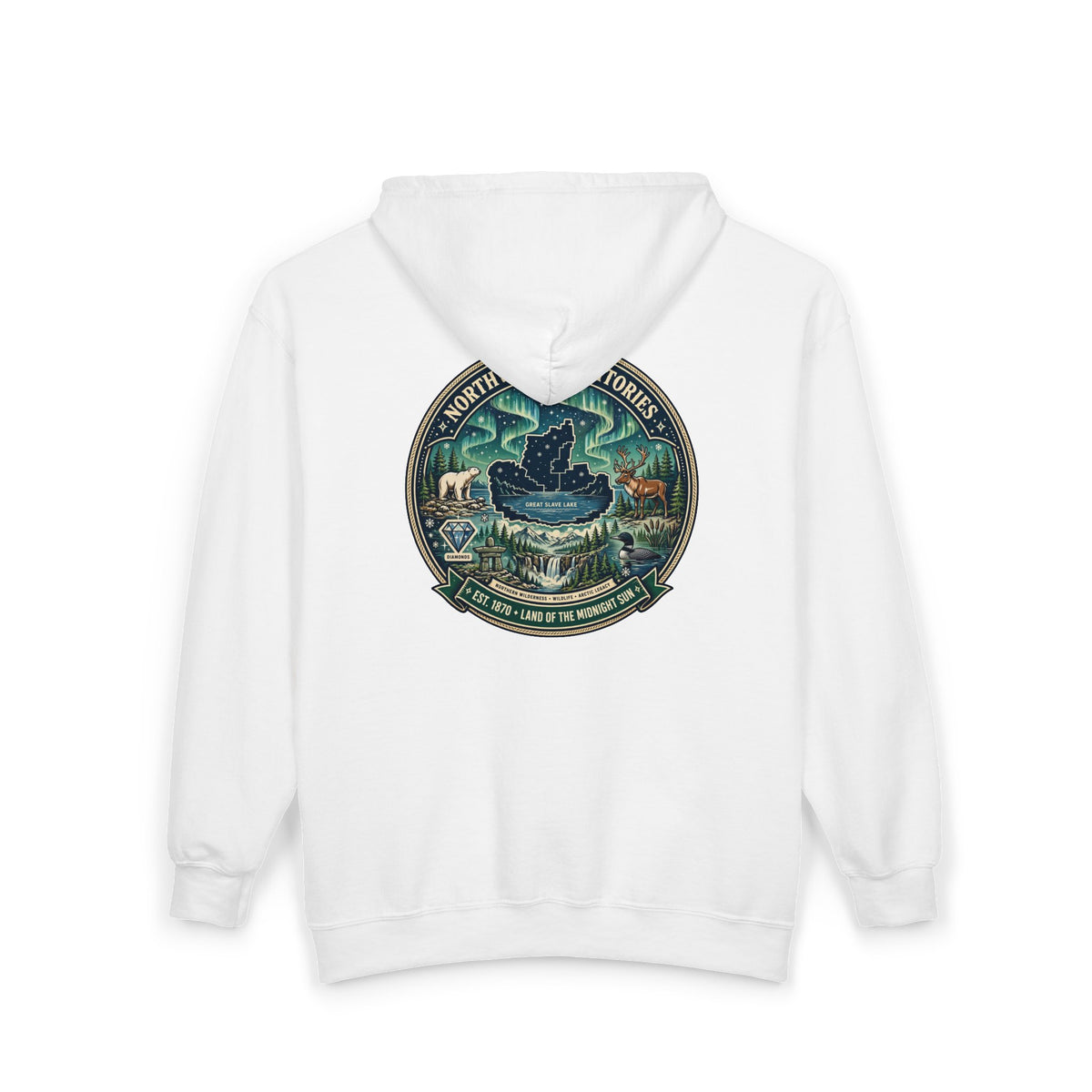 Northwest Territories Scenic Hoodie — Aurora, Moose and Wilderness Badge