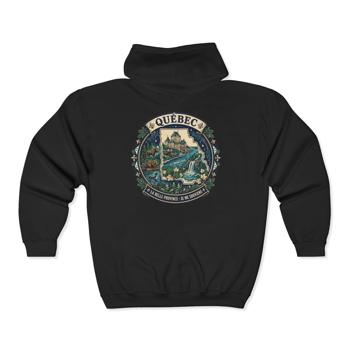 Québec Vintage Travel Hoodie — Scenic Chateau and Waterfall Souvenir Hoodie