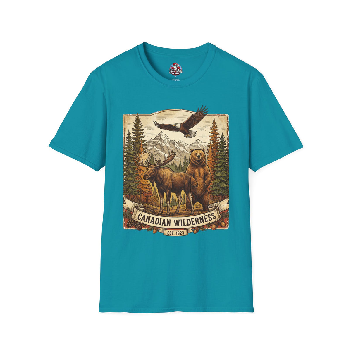 Mens T-Shirt — Canadian Wilderness Vintage Nature Graphic (Bear, Moose & Eagle)