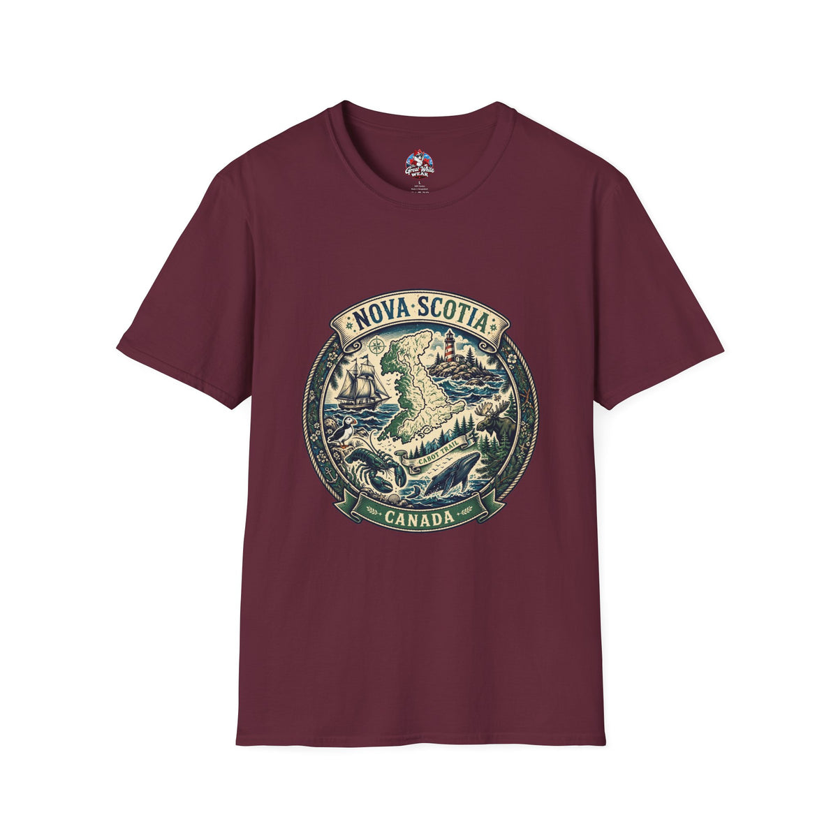 Nova Scotia Canada Vintage Map T-Shirt — Coastal Lighthouse and Whale Graphic Tee
