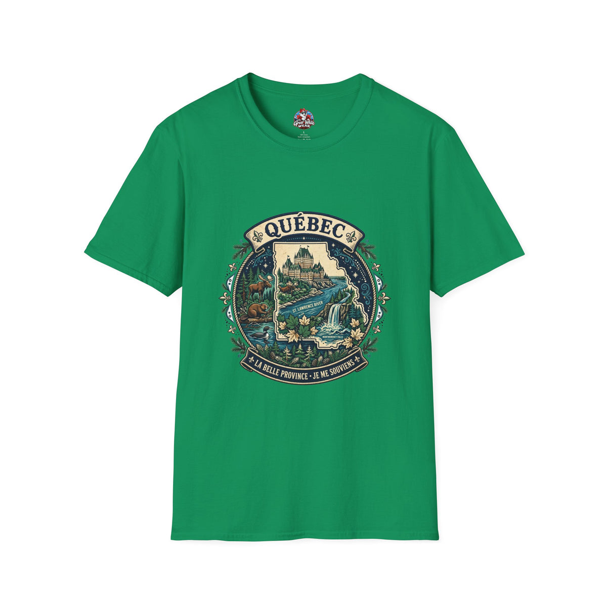 Québec Vintage Travel T-Shirt — Scenic Chateau and Waterfall Souvenir Tee