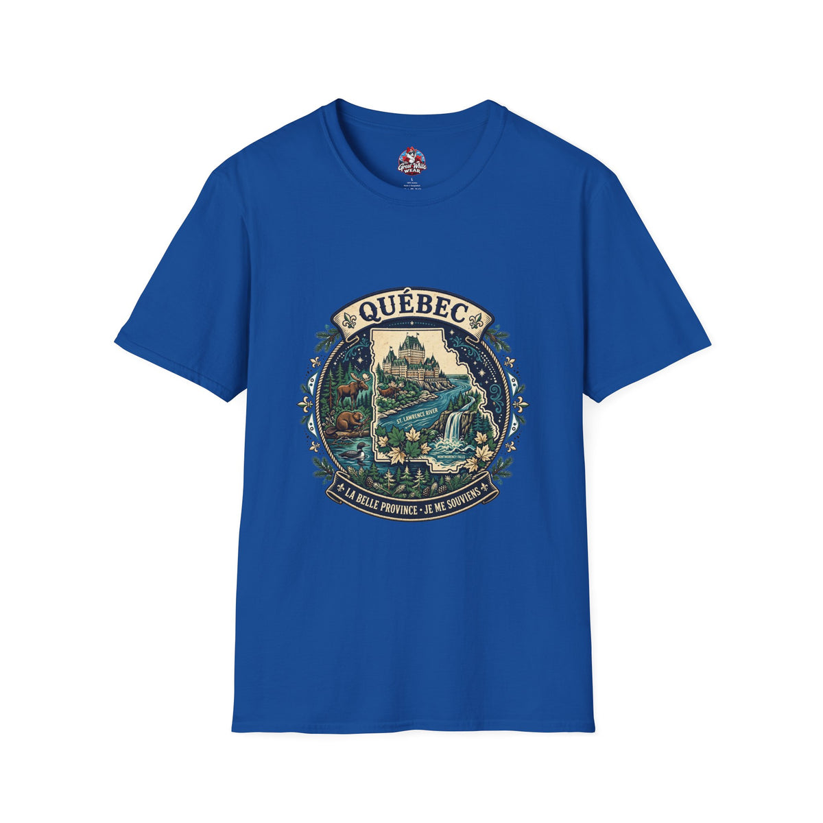 Québec Vintage Travel T-Shirt — Scenic Chateau and Waterfall Souvenir Tee