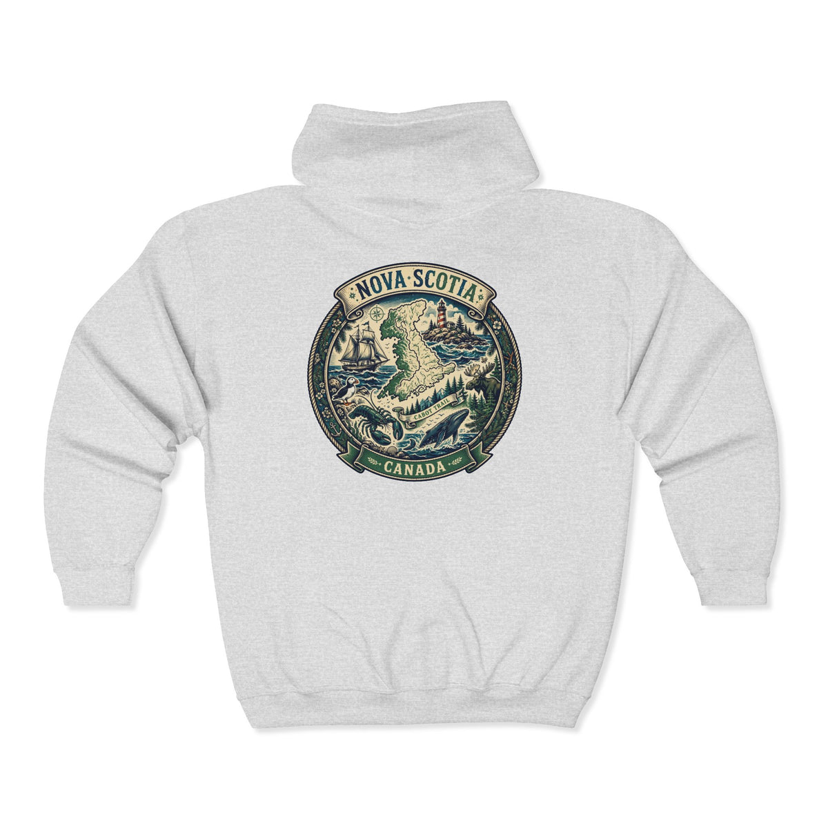 Nova Scotia Canada Vintage Map Hoodie — Coastal Lighthouse and Whale Graphic Hoodie