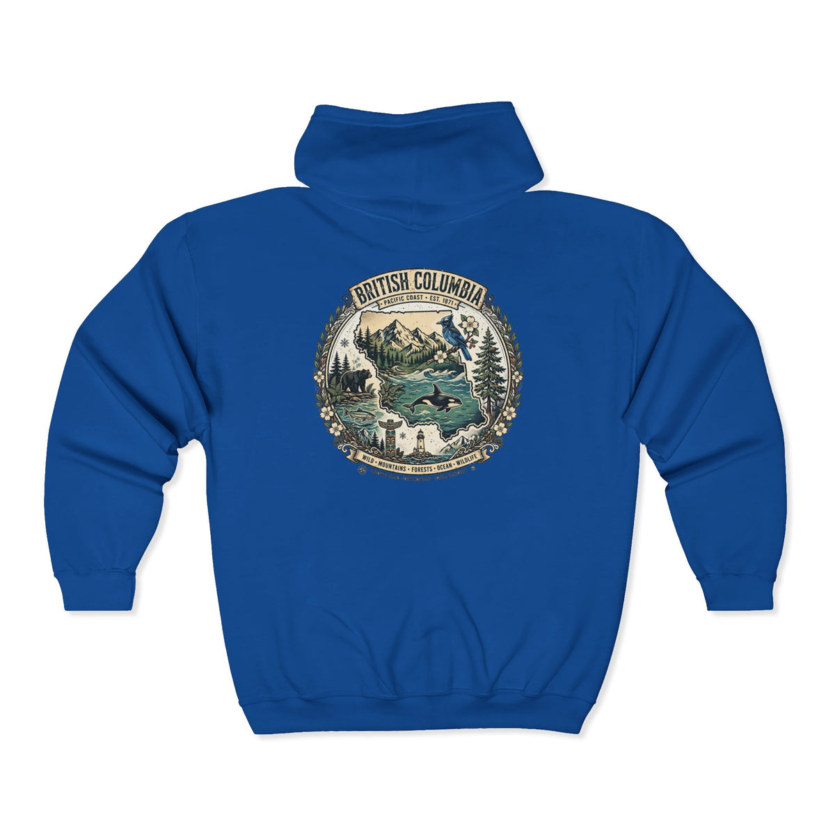 British Columbia Nature Hoodie — Scenic Mountains and Orca
