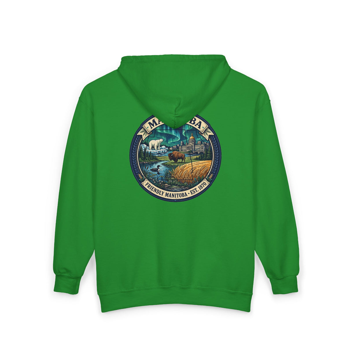 Manitoba Nature Badge Hoodie — Northern Lights, Moose and Prairie