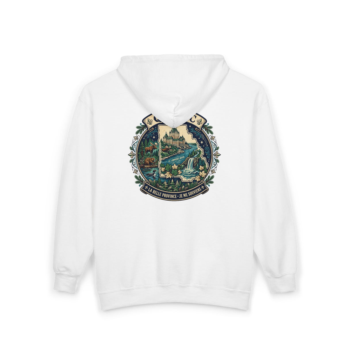 Québec Vintage Travel Hoodie — Scenic Chateau and Waterfall Souvenir Hoodie