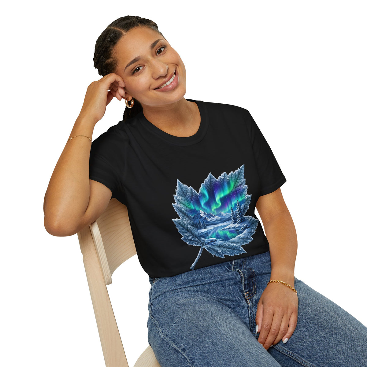 Womens Aurora Maple Leaf Tee — Northern Lights Nature T-Shirt