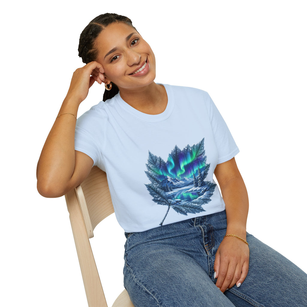 Womens Aurora Maple Leaf Tee — Northern Lights Nature T-Shirt
