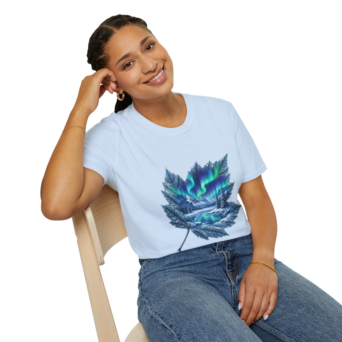 Womens Aurora Maple Leaf Tee — Northern Lights Nature T-Shirt