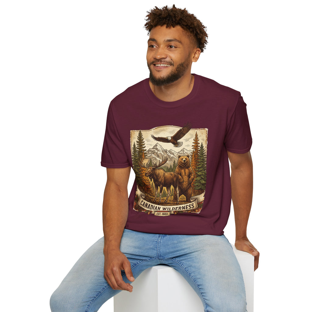 Mens T-Shirt — Canadian Wilderness Vintage Nature Graphic (Bear, Moose & Eagle)