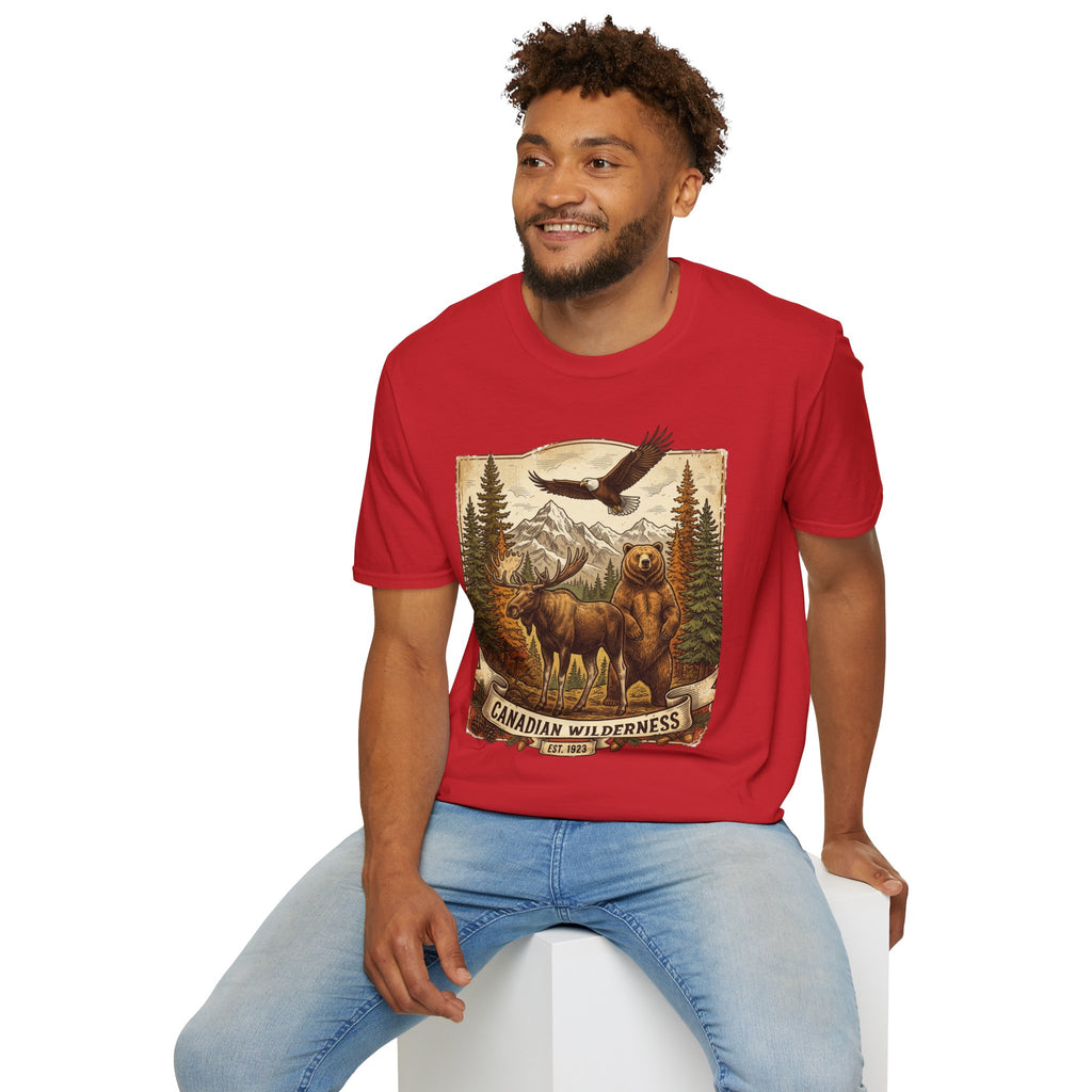Mens T-Shirt — Canadian Wilderness Vintage Nature Graphic (Bear, Moose & Eagle)