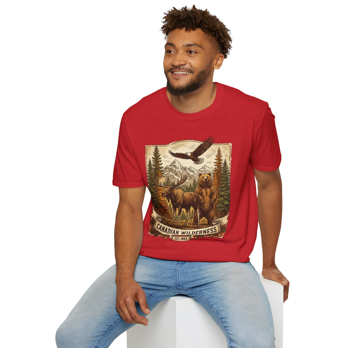 Mens T-Shirt — Canadian Wilderness Vintage Nature Graphic (Bear, Moose & Eagle)