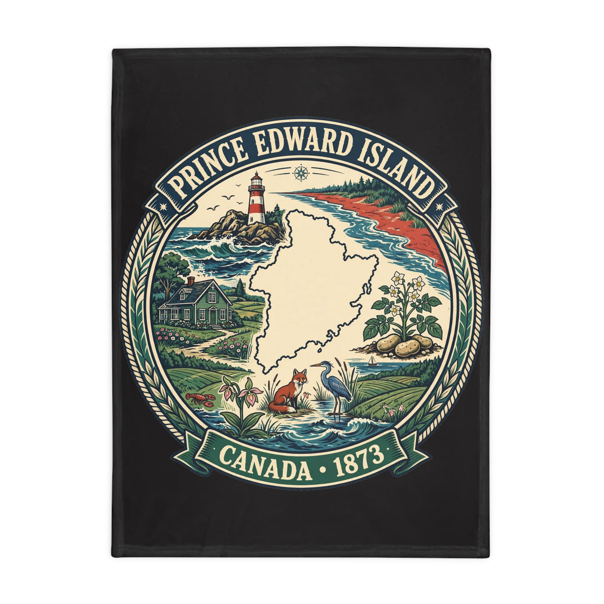 Prince Edward Island Map Fleece Blanket — Canada 1873 Coastal Lighthouse Throw