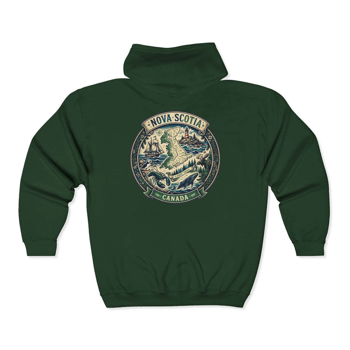 Nova Scotia Canada Vintage Map Hoodie — Coastal Lighthouse and Whale Graphic Hoodie