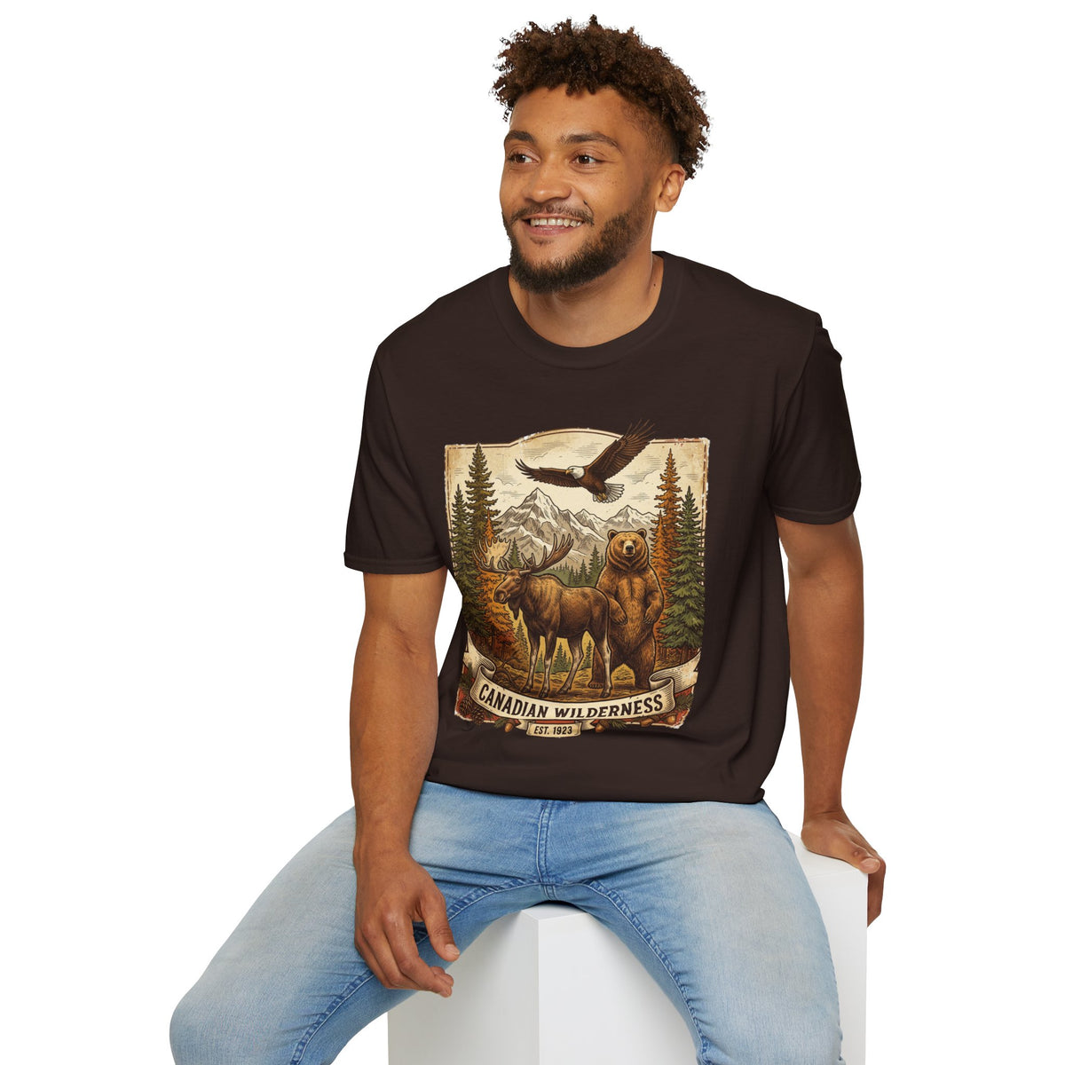 Mens T-Shirt — Canadian Wilderness Vintage Nature Graphic (Bear, Moose & Eagle)