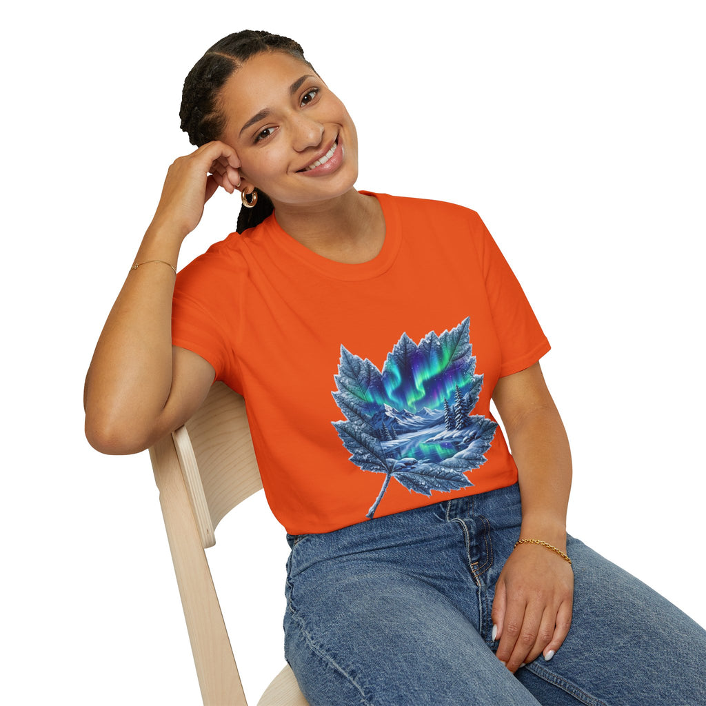 Womens Aurora Maple Leaf Tee — Northern Lights Nature T-Shirt