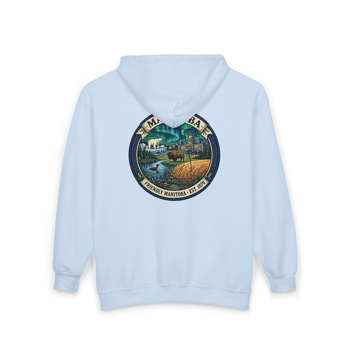 Manitoba Nature Badge Hoodie — Northern Lights, Moose and Prairie