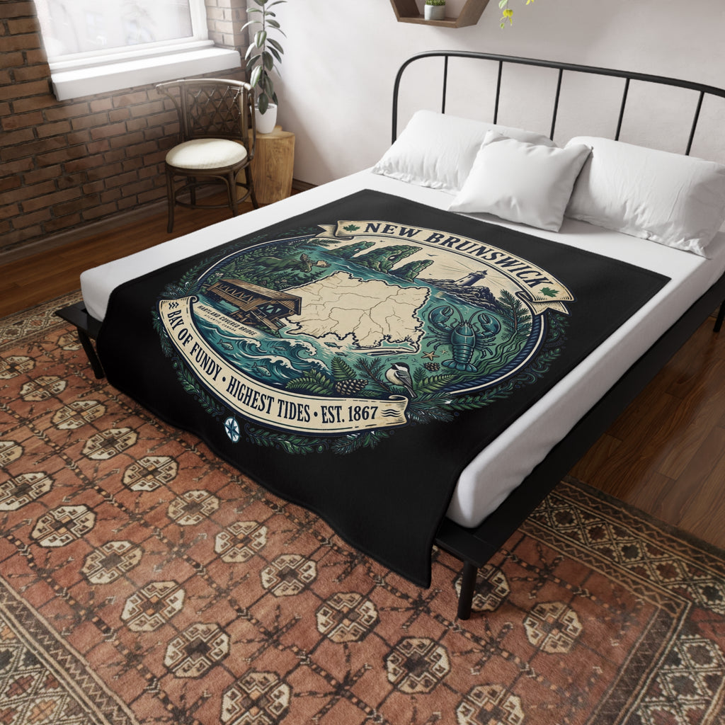 New Brunswick Map Plush Fleece Blanket — Bay of Fundy Lighthouse and Tidal Coast Throw