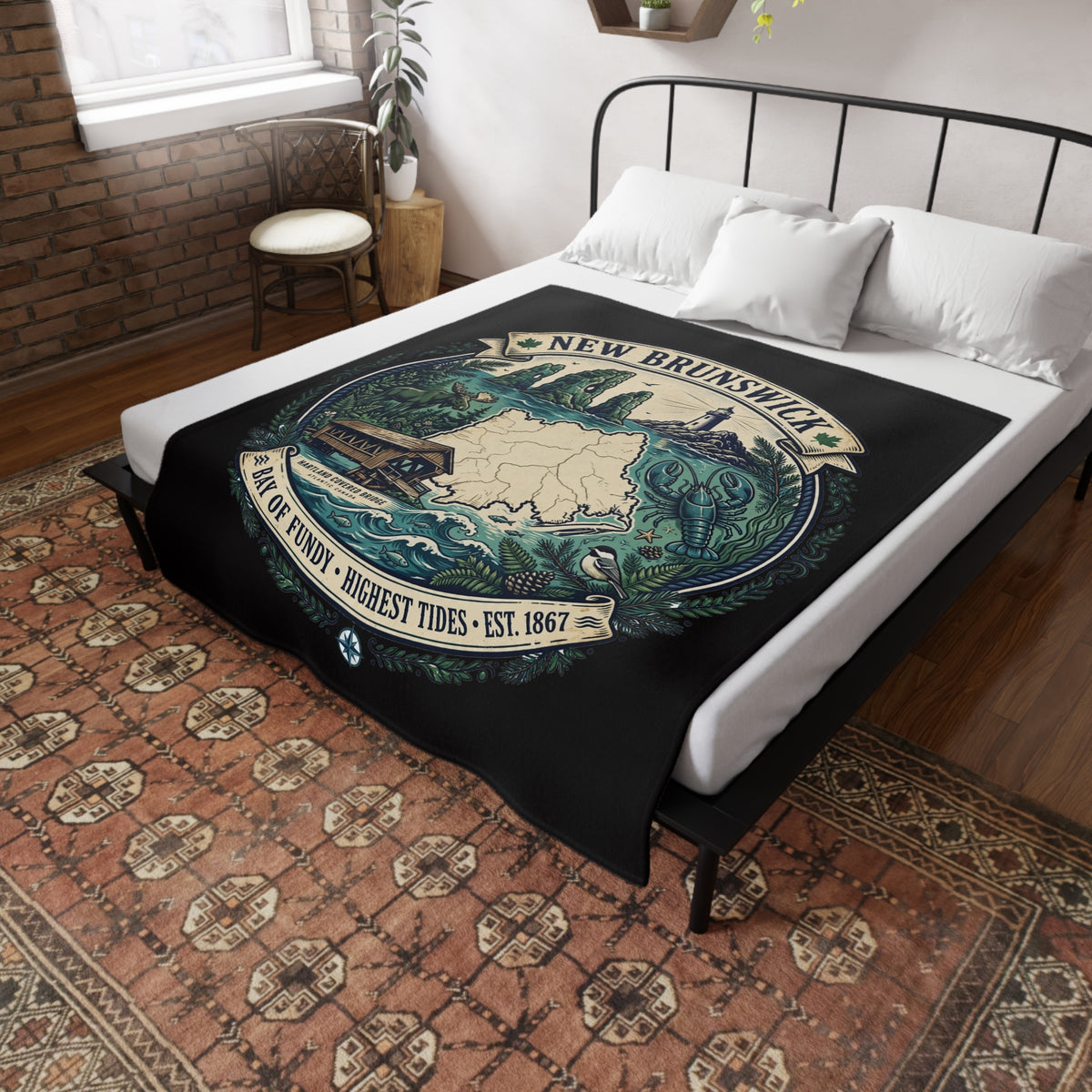 New Brunswick Map Plush Fleece Blanket — Bay of Fundy Lighthouse and Tidal Coast Throw