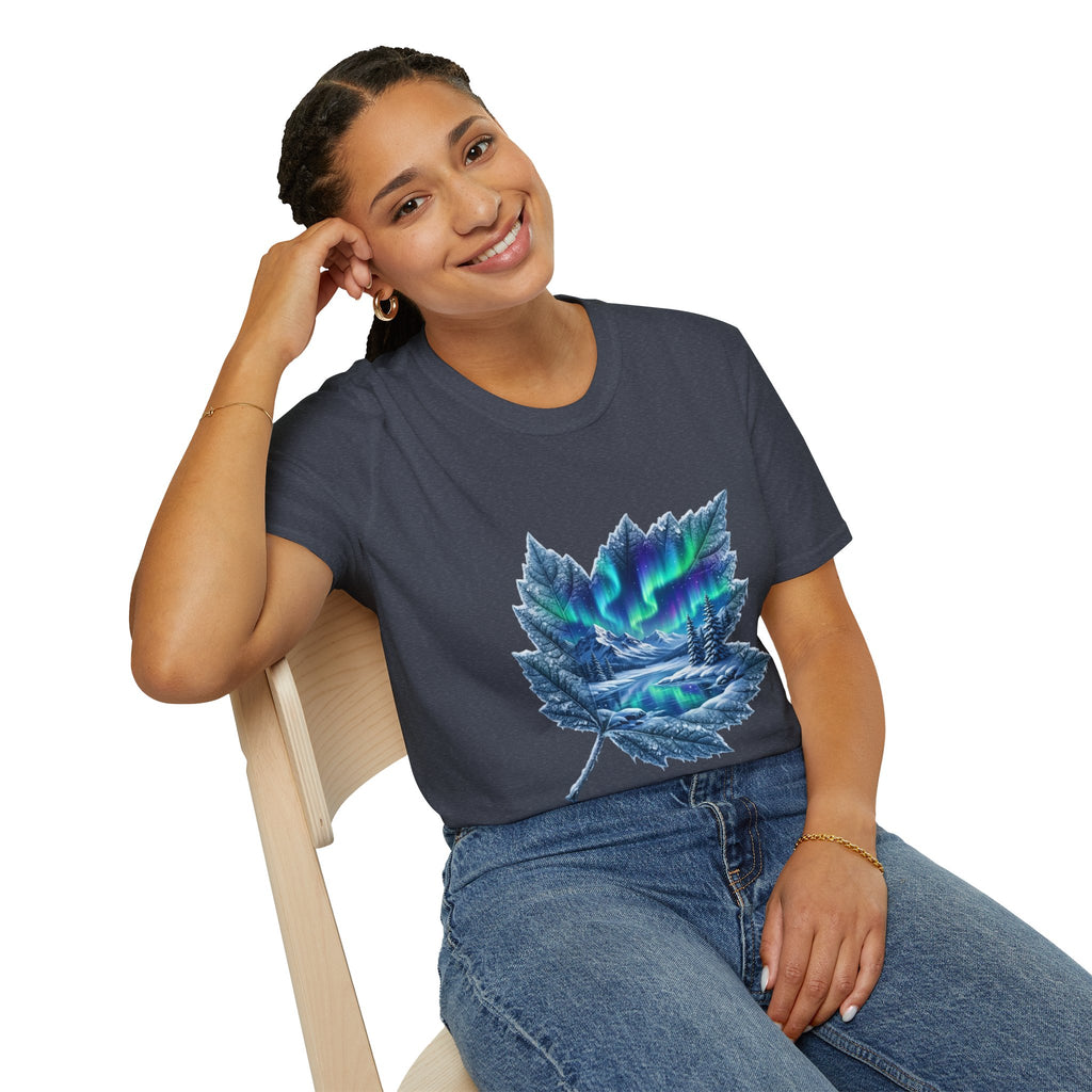 Womens Aurora Maple Leaf Tee — Northern Lights Nature T-Shirt