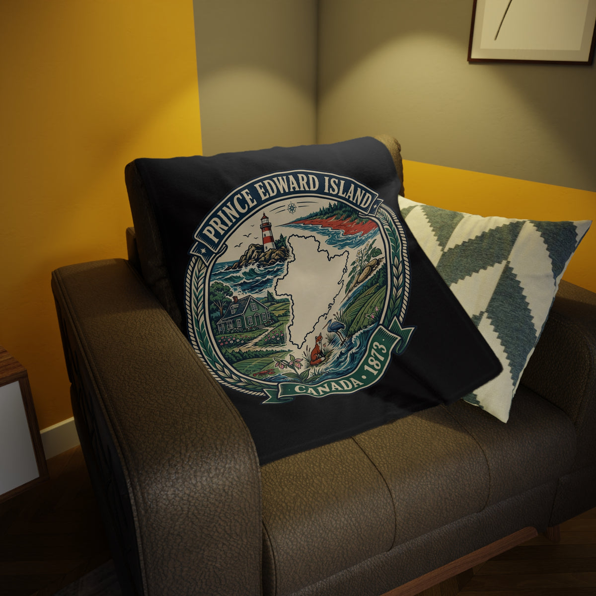 Prince Edward Island Map Fleece Blanket — Canada 1873 Coastal Lighthouse Throw