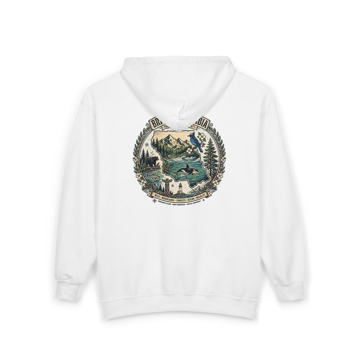 British Columbia Nature Hoodie — Scenic Mountains and Orca