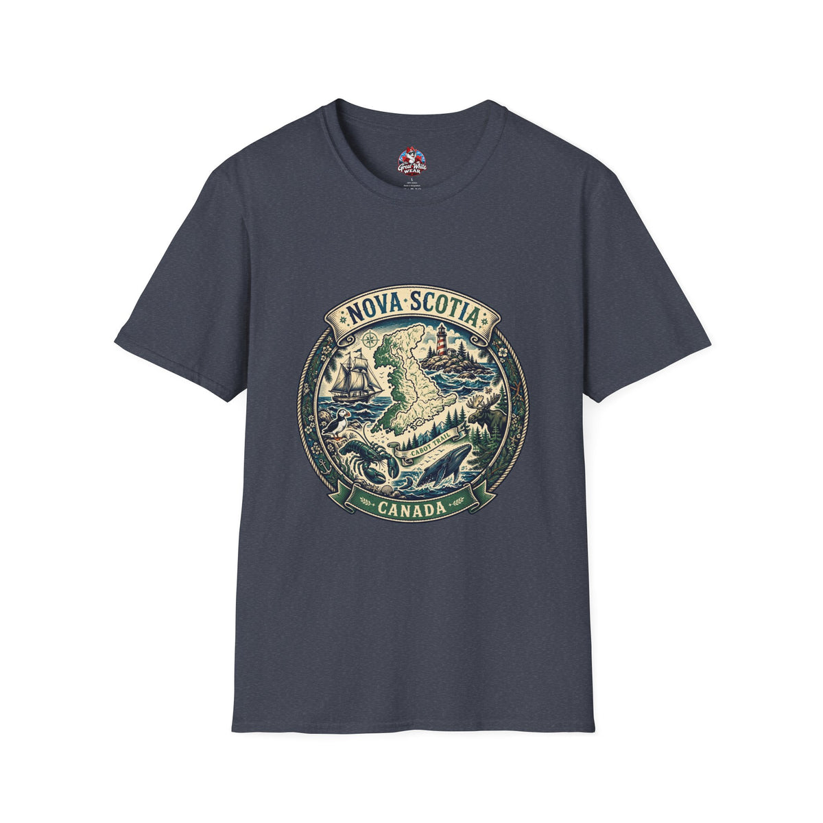 Nova Scotia Canada Vintage Map T-Shirt — Coastal Lighthouse and Whale Graphic Tee