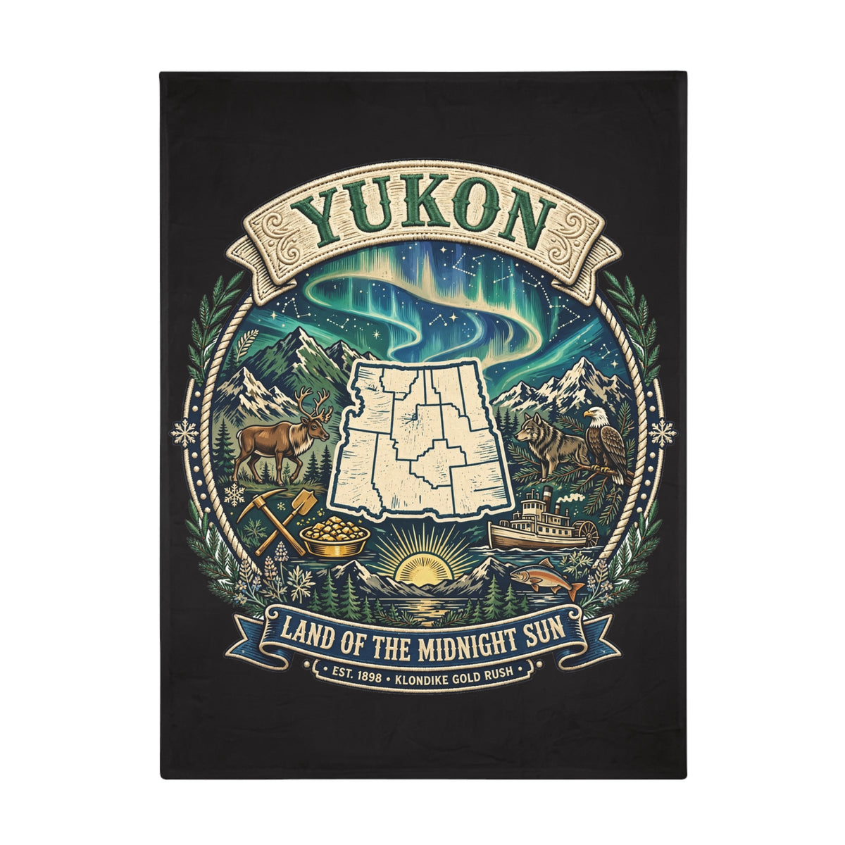 Yukon Northern Lights Plush Fleece Blanket — "Land of the Midnight Sun" Map Design
