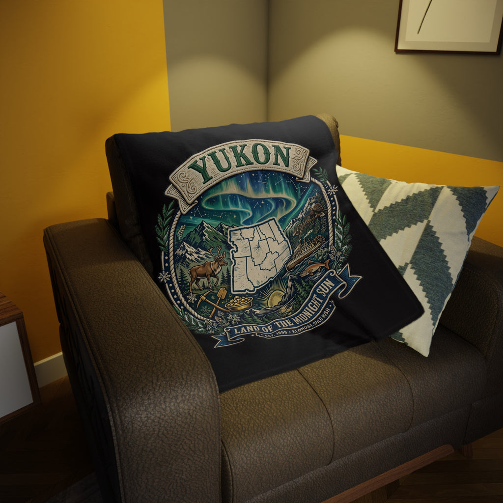 Yukon Northern Lights Plush Fleece Blanket — "Land of the Midnight Sun" Map Design