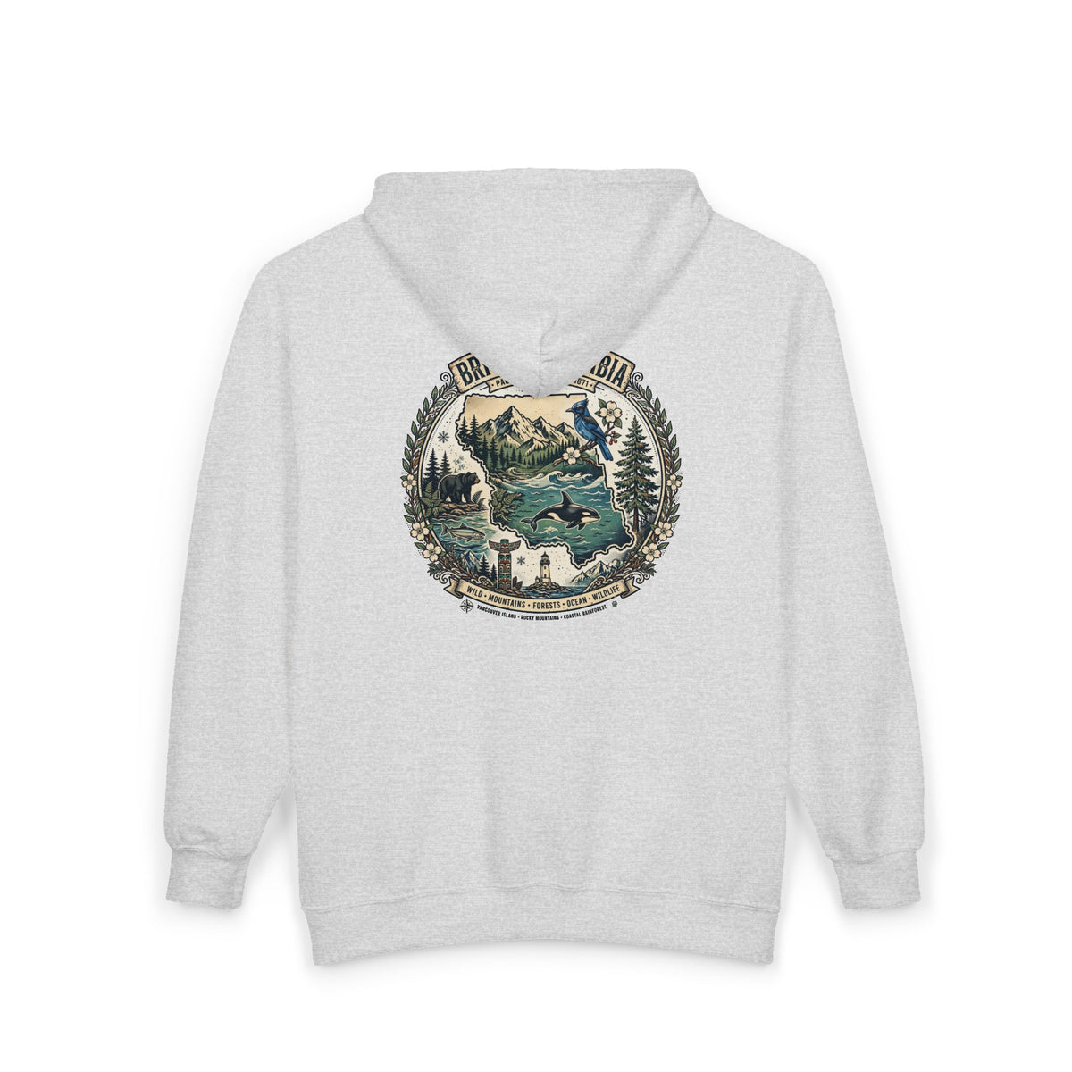 British Columbia Nature Hoodie — Scenic Mountains and Orca